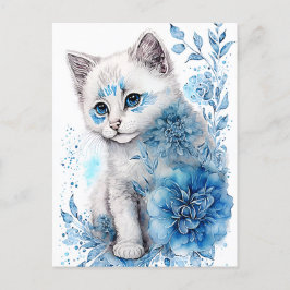 白と青の子猫と花 ポストカード