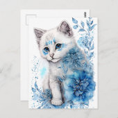 白と青の子猫と花 ポストカード (正面/裏面)