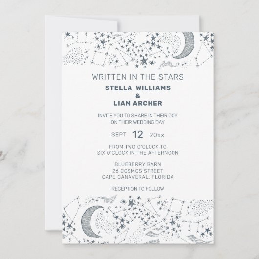 白と青の星空の月のパタ結婚ーン 招待状 (正面)