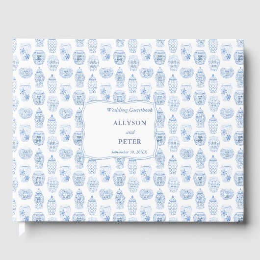 白と青の柄のジンジャー結婚ジャー ゲストブック (正面)