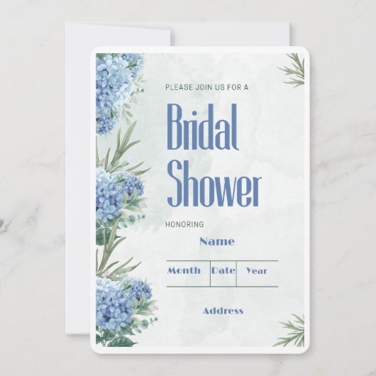 白と青の水カラーフローラブライダルシャワー 招待状 (正面)
