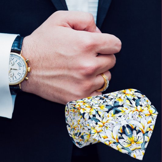 白と青の水彩のユリ男性のネクタイ ネクタイ