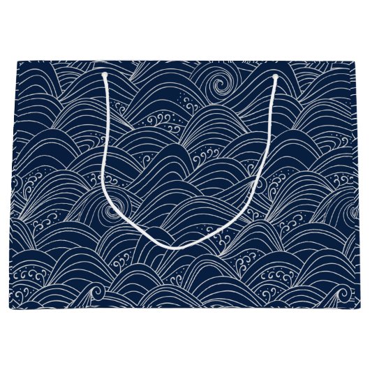 白と青の海波日本のスタイルパターン ラージペーパーバッグ (正面)