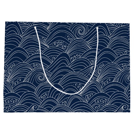 白と青の海波日本のスタイルパターン ラージペーパーバッグ (裏面)