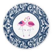 白と青の渦巻き形のピンクのフラミンゴ セラミックノブ (正面)