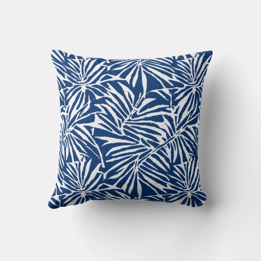 白と青の熱帯性葉反復パターン クッション (裏面)