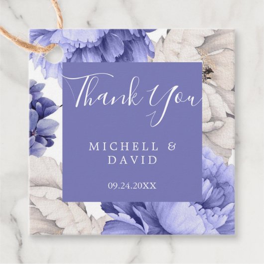 白と青の牡丹花模様ありがとう フェイバータグ (正面)