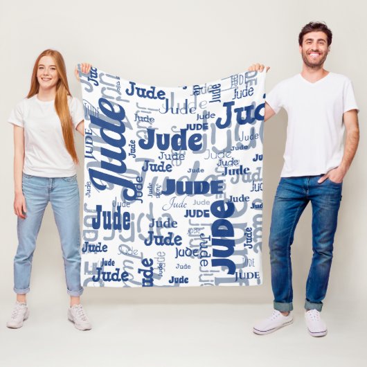 白と青の短い名前の繰り返しパターモダンン フリースブランケット (インサイチュ)