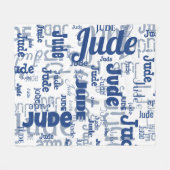 白と青の短い名前の繰り返しパターモダンン フリースブランケット (正面(横))