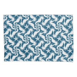 白と青の繰り返しモチーフ |シーホースのパターン 枕カバー