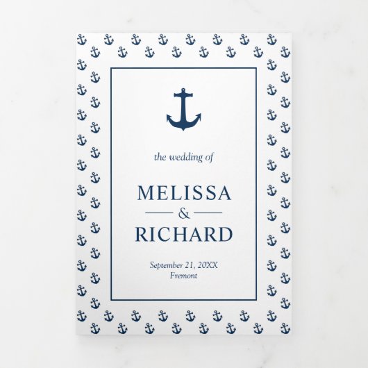 白と青の航海のいかりシ結婚ーホース 三つ折り招待状 (カバー)