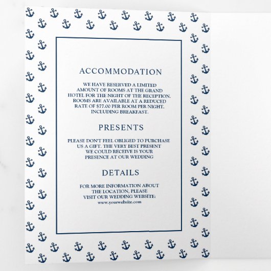 白と青の航海のいかりシ結婚ーホース 三つ折り招待状 (内部最初)