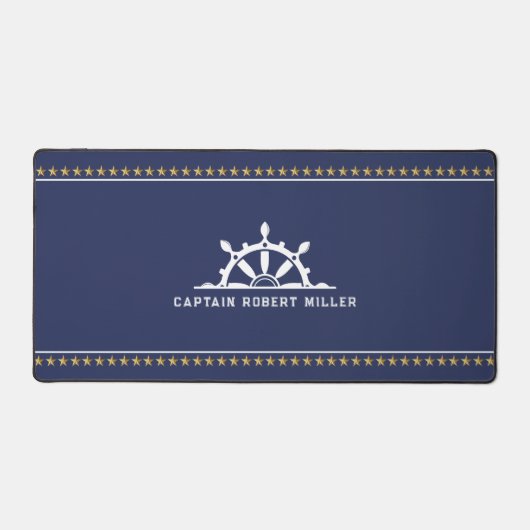 白と青の航海のボートと金ゴールド デスクマット (正面)