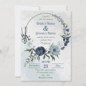 白と青の花と緑のリースのウェディング 招待状 (正面)