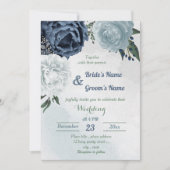 白と青の花と緑の結婚式 招待状 (正面)