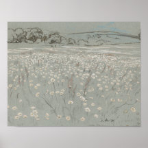 白と青の花畑のビンテージアートプリント