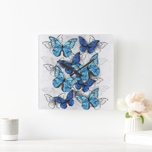 白と青の蝶の構成 スクエア壁時計 (ホーム)