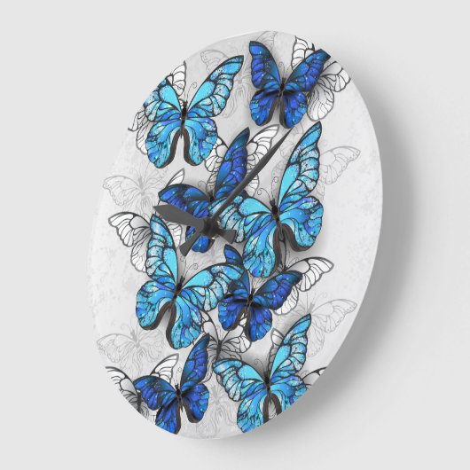 白と青の蝶の構成 ラージ壁時計 (傾斜)
