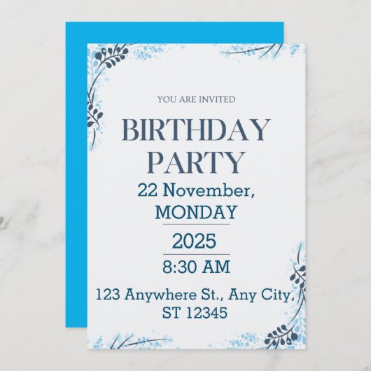 白と青の誕生日モダンパーティー 招待状 (正面/裏面)