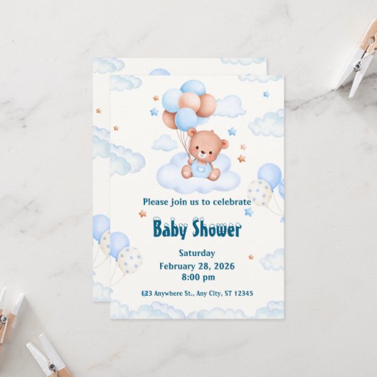 白と青の赤ちゃんシャワーを心待ち 招待状 (正面/裏面インサイチュ)