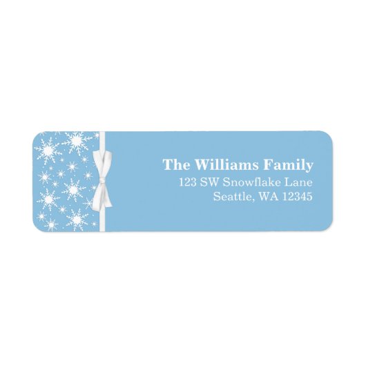 白と青の雪のリボンのクリスマスアドレス ラベル (正面)