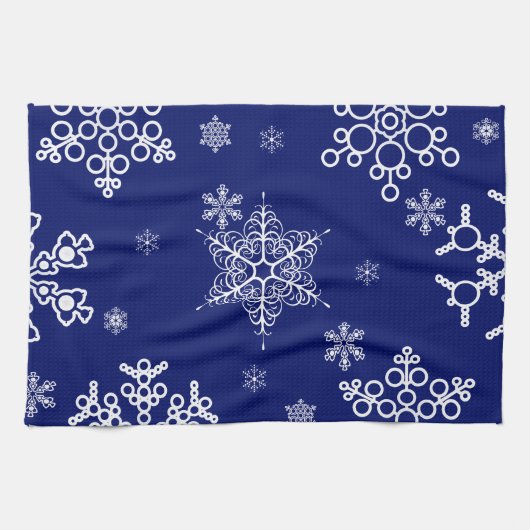 白と青の雪の結晶模様 キッチンタオル (横)
