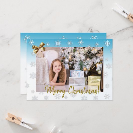白と青の雪の結晶 エレガントなクリスマス カード (正面/裏面インサイチュ)