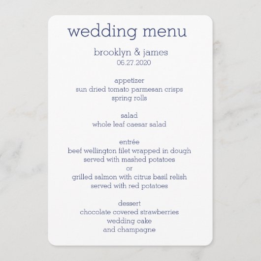 白と青モダンのメ結婚ニュー メニュー (正面)