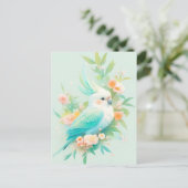 白と青緑のオウム、桃の花 ポストカード (スタンド正面)