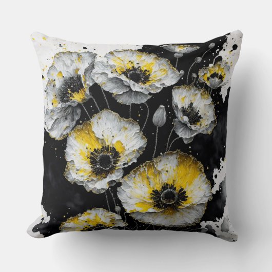 白と黄色と黒のケシ クッション (正面)