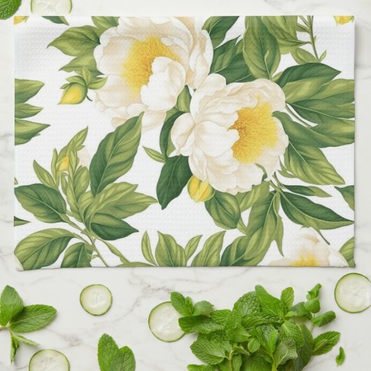 白と黄色のクレアドゥルーネ牡丹 キッチンタオル (折り畳み)