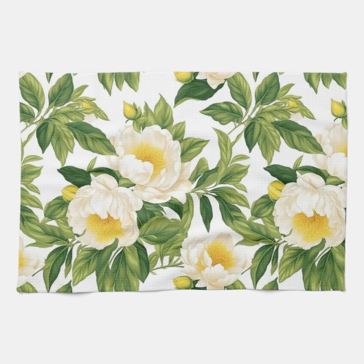 白と黄色のクレアドゥルーネ牡丹 キッチンタオル (横)