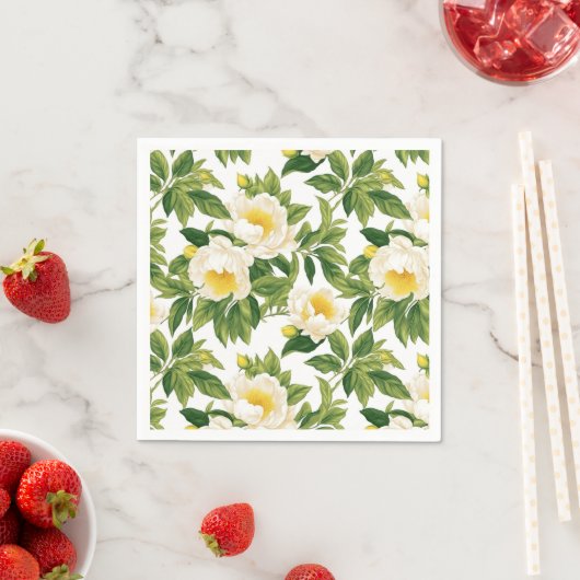 白と黄色のクレアドゥルーネ牡丹 スタンダードカクテルナプキン (インサイチュ)