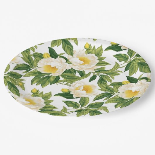 白と黄色のクレアドゥルーネ牡丹 ペーパープレート (アングル)