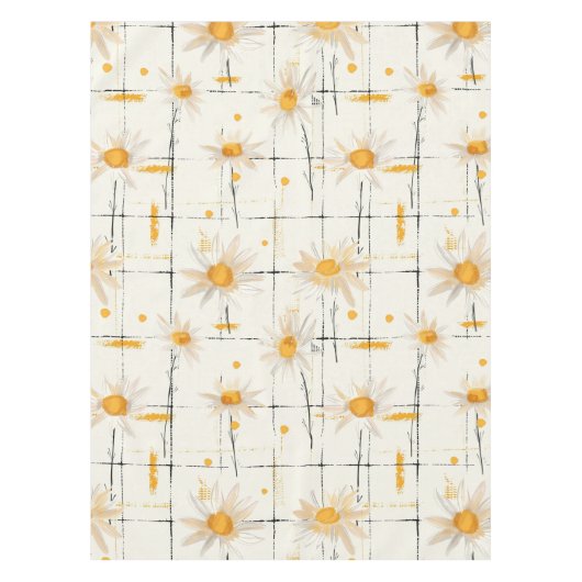 白と黄色のデイジー-素朴格子縞の背景 テーブルクロス (正面)