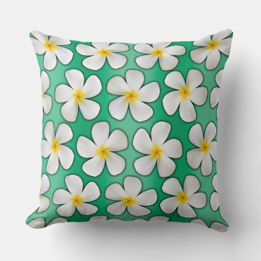 白と黄色のハワイアンプルメリア花オン緑 クッション (正面)