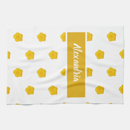 白と黄色のワイルドフラワー写真名前をカスタムする キッチンタオル (横)