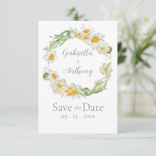 白と黄色の水仙の花の「Save the Date」カード セーブザデート