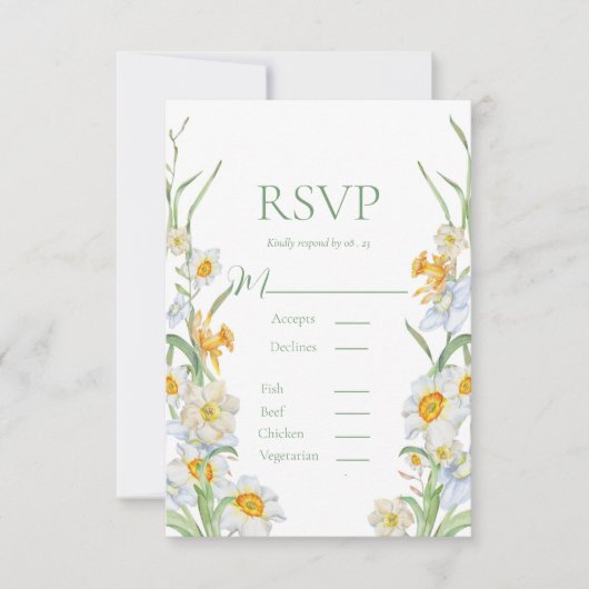 白と黄色の水仙フローラフレームグリーン結婚ズ 出欠カード (正面)