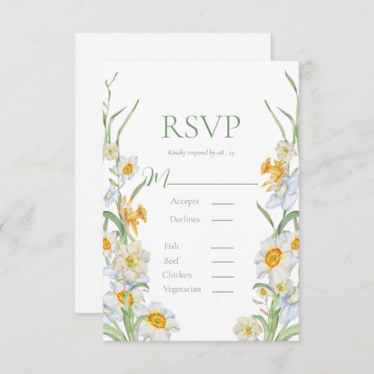 白と黄色の水仙フローラフレームグリーン結婚ズ 出欠カード (正面/裏面)