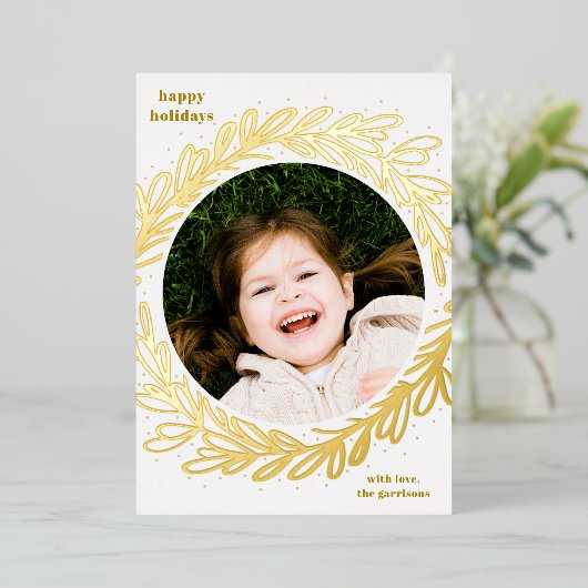 白と黄色の水彩植物写真フレーム 箔シーズンカード (立ち正面)