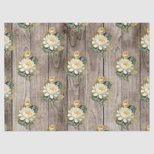 白と黄色の花のヴィンテージの木のデコページ 薄葉紙 (正面)