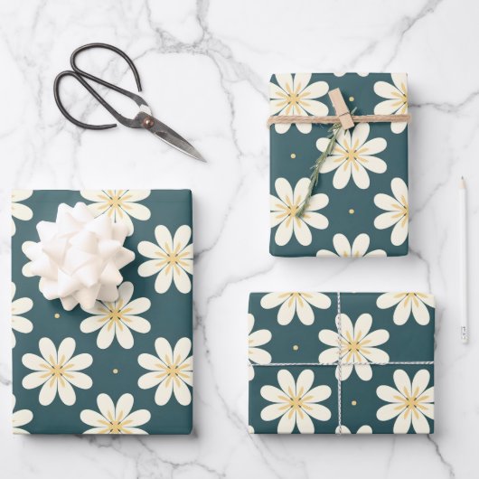 白と黄色の花柄 ラッピングペーパーシート (正面)