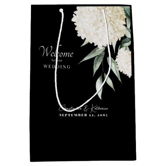 白と黒のあじさい結婚の歓迎の葉 ミディアムペーパーバッグ (正面)