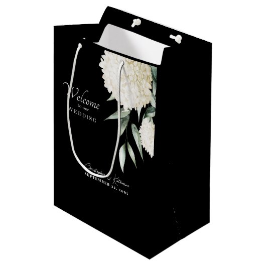 白と黒のあじさい結婚の歓迎の葉 ミディアムペーパーバッグ (正面アングル)
