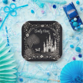 白と黒のおとぎ話の城と馬 ペーパープレート (パーティー)