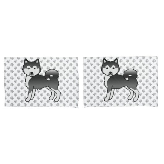 白と黒のアラスカン・マラミュート かわいい漫画の犬 枕カバー (フロントセット)