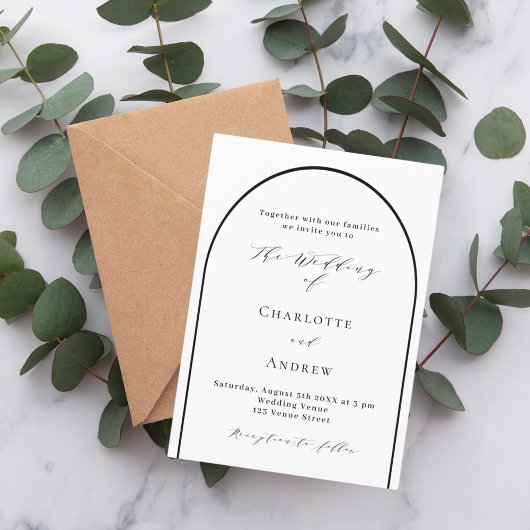 白と黒のアーチをモダンなカリグラフィでデザインした結婚式の招待状 招待状