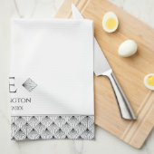 白と黒のアールデコファンダイヤモンドモノグラム キッチンタオル (四つ折り)