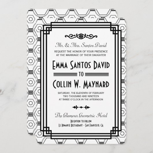 白と黒のアールデコ結婚式招待状 招待状 (正面/裏面)